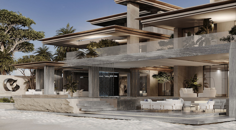 Biệt thự ven biển hiện đại với mái đua ngang rộng, vật liệu đá gỗ tự nhiên, không gian mở đa tầng, hòa quyện cảnh quan nhiệt đới và trải nghiệm nghỉ dưỡng sang trọng