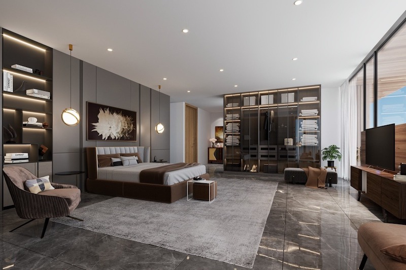 Không gian phòng ngủ master sang trọng với bảng màu trung tính, đá marble tinh tế, hệ tủ kính cao cấp và ánh sáng dịu nhẹ, tạo cảm giác nghỉ dưỡng riêng tư