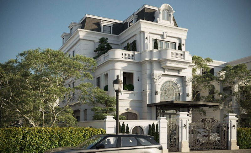 Villa phong cách Tân cổ điển nổi bật với mặt tiền đối xứng, phào chỉ tinh xảo, gam trắng sang trọng, ban công uốn cong và tỷ lệ kiến trúc chuẩn mực châu Âu
