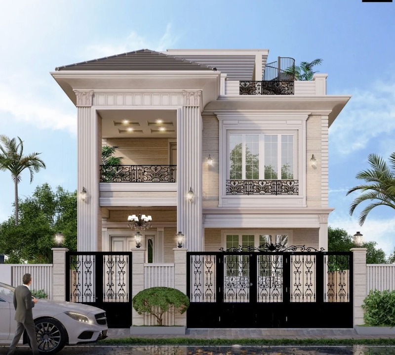 Villa Tân cổ điển gây ấn tượng với cột thức uy nghi, phào chỉ tinh xảo, tỷ lệ cân đối, màu sáng sang trọng, thể hiện đẳng cấp và giá trị bền vững