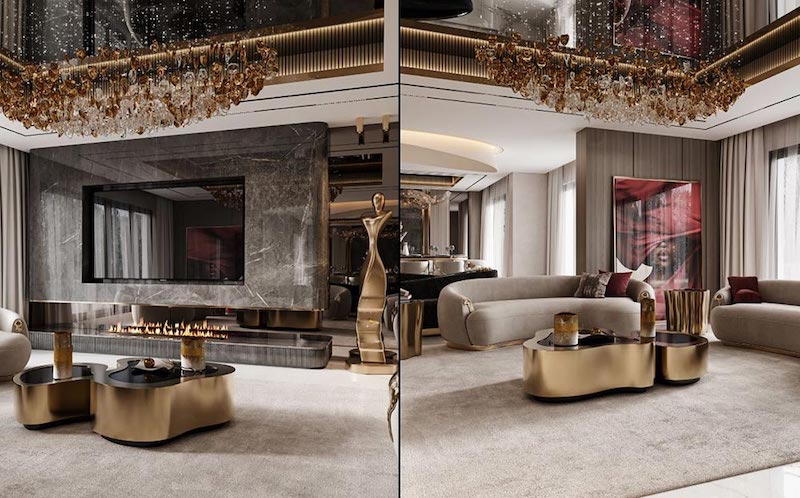 Không gian phòng khách Modern Luxury với đá marble, lò sưởi âm tường, đèn chùm ánh vàng và nội thất bo cong, gợi vẻ xa hoa, ấm áp