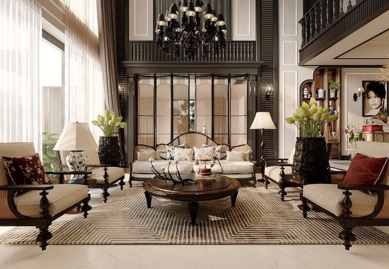 Không gian villa phong cách Indochine toát lên vẻ sang trọng hoài cổ, nơi gỗ tối màu, mây tre, họa tiết Á Đông hòa quyện cùng bố cục Pháp tinh tế