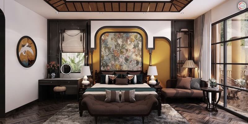 Phòng ngủ Indochine kết hợp gỗ tối màu, họa tiết Á Đông, ánh sáng dịu, tạo cảm giác ấm áp, thư thái và kín đáo