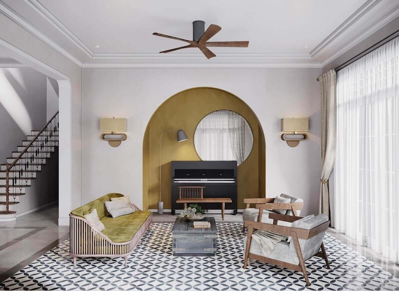 Phòng khách thanh lịch với vòm cong sắc vàng, đàn piano làm tâm điểm, nội thất gỗ tối giản, ánh sáng tự nhiên