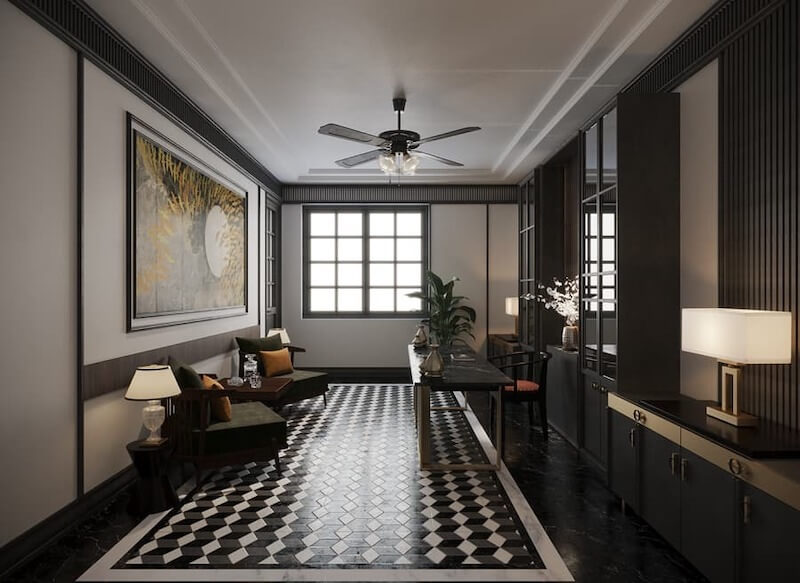 Không gian mang hơi thở Indochine hiện đại, nổi bật với sàn gạch họa tiết, gam màu trung tính, nội thất gỗ tối, bố cục đối xứng và ánh sáng dịu