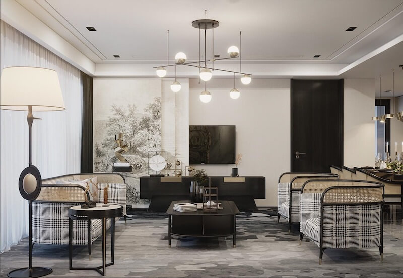 Đèn thả trần dáng nghệ thuật với các quả cầu ánh sáng phân bố bất đối xứng trở thành điểm nhấn thị giác, vừa chiếu sáng dịu nhẹ vừa nâng tầm vẻ sang trọng 