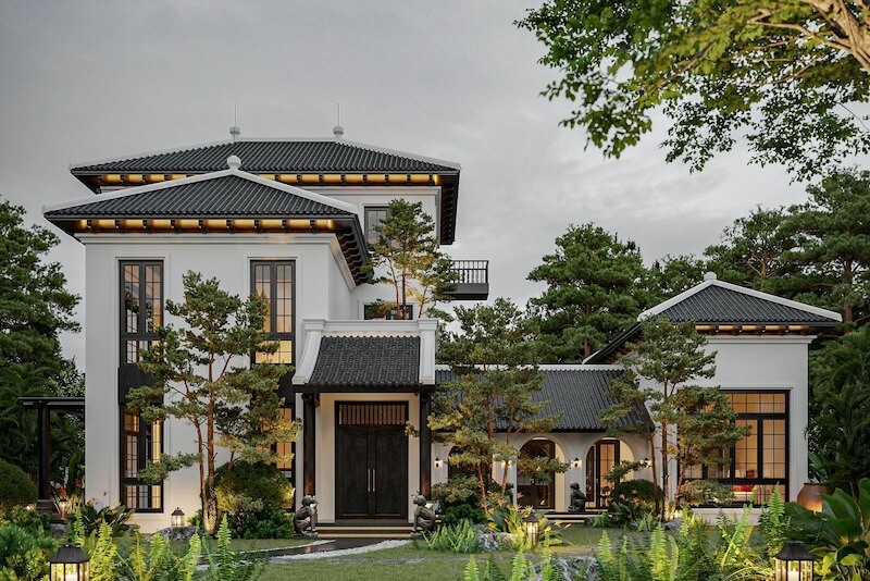 Mái ngói đen dáng Á Đông xếp lớp gọn gàng trở thành điểm nhấn chủ đạo, vừa định hình kiến trúc tổng thể vừa tạo cảm giác trang nghiêm, bền vững cho căn biệt thự