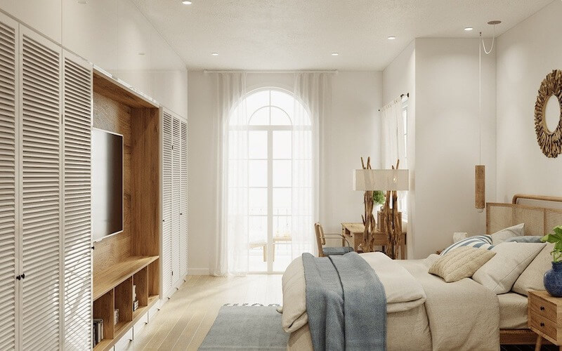 Phòng ngủ ưu tiên chất liệu vải tự nhiên như linen cotton kết hợp gam màu trung tính giúp gia chủ dễ thư giãn và ngủ sâu