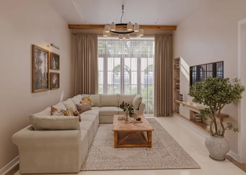 Đồ trang trí nội thất thường là gốm thủ công tranh phong cảnh biển và cây xanh nhỏ giúp không gian thêm sinh động gần gũi