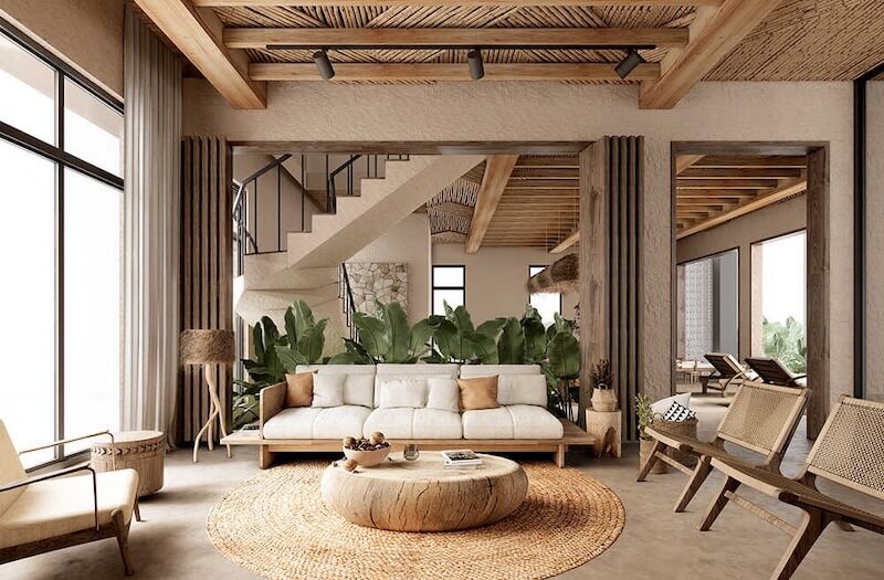 Sàn nhà sử dụng gỗ sáng màu hoặc gạch giả đá bề mặt nhám nhẹ tăng độ bền sử dụng và phù hợp tinh thần ven biển