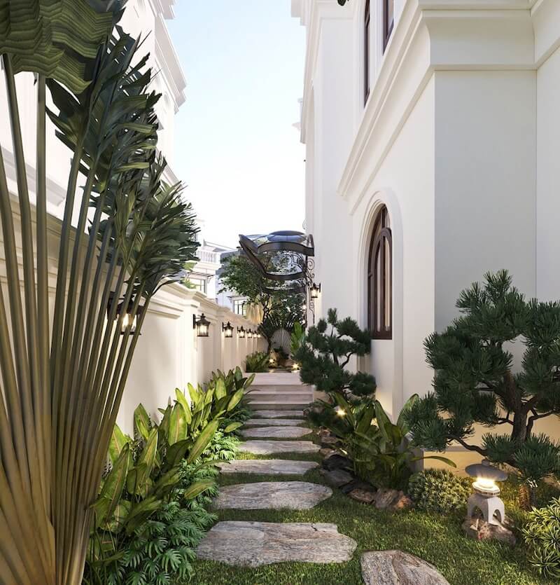 Ưu tiên tiểu cảnh gọn, lối dạo thông thoáng, cây ít rụng lá, sàn ngoài trời chống trơn, chiếu sáng ấm, kết nối hài hòa kiến trúc tổng thể