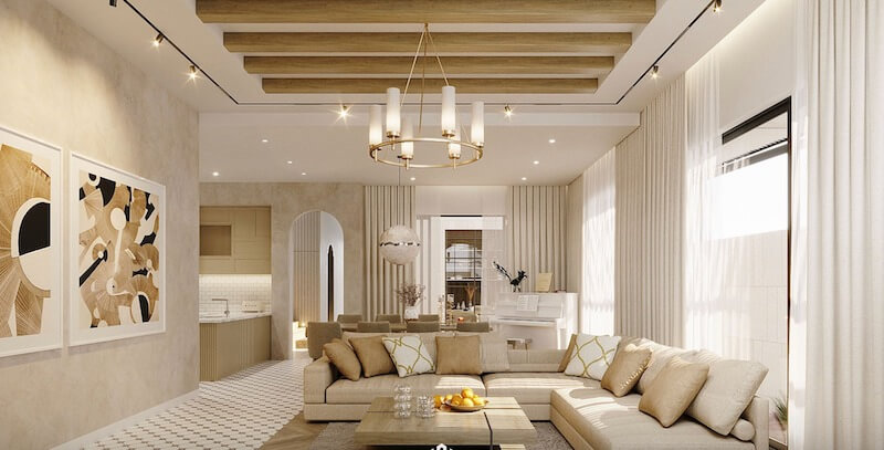 Phòng khách sử dụng sofa vải linen sáng màu bàn gỗ tự nhiên và thảm dệt thô giúp không gian thêm ấm áp gần gũi