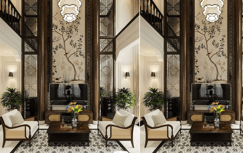 Không gian mang hơi thở Đông Dương hiện đại với vách gỗ nan đối xứng, tranh tường họa tiết thiên nhiên khổ lớn và bộ ghế mây gỗ tạo cảm giác ấm áp, trang nhã