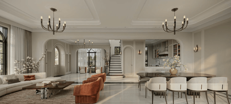 Bố cục mở thanh lịch với vòm cong mềm mại, phào chỉ tinh giản, ánh sáng tự nhiên chan hòa và nội thất tông ấm tạo cảm giác sang trọng, cân bằng, đầy chiều sâu