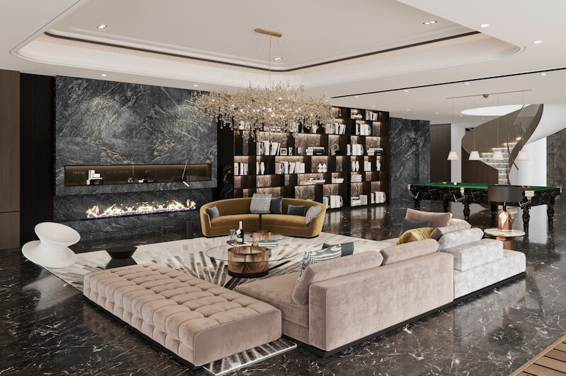 Tường ốp đá marble vân đậm khổ lớn, sàn đá bóng gương và chi tiết kim loại ánh vàng tạo cảm giác sang trọng, quyền lực