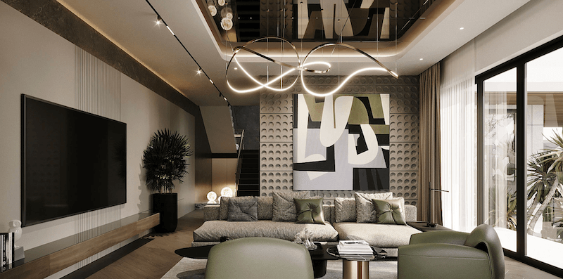 Không gian phòng khách gây ấn tượng với đèn treo nghệ thuật uốn lượn, sofa trung tính êm ái, mảng tường họa tiết nổi, ánh sáng tự nhiên tràn ngập