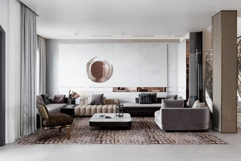 Chất liệu thể hiện sự sang trọng cao cấp thường gồm gỗ tự nhiên, đá marble, kim loại mạ PVD, kính cường lực, da thật, góp phần nâng tầm giá trị không gian