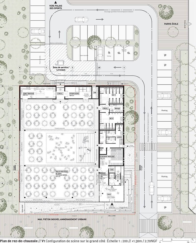 Bản vẽ quy hoạch thể hiện nhà hàng tiệc cưới với sảnh lớn, khu bếp và vệ sinh tách biệt, tổ chức giao thông xe và lối tiếp cận rõ ràng