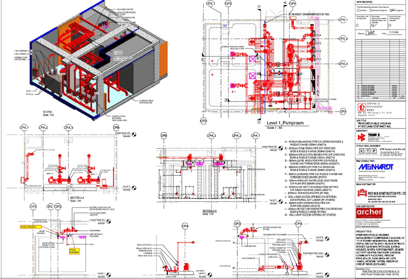 Bản vẽ kỹ thuật điện nước và PCCC thể hiện hệ thống cấp thoát nước, chiếu sáng, điều hòa và phòng cháy chữa cháy, đảm bảo công trình vận hành an toàn, đúng tiêu chuẩn