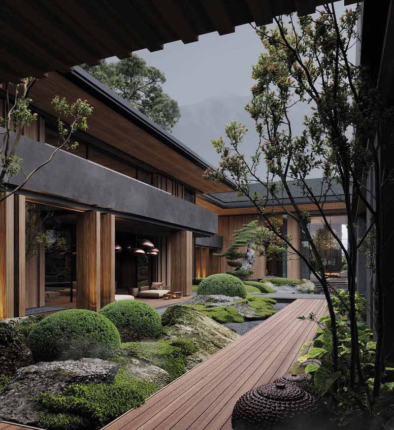 Ánh sáng vàng ấm hắt từ bên trong làm nổi bật chất liệu gỗ tự nhiên, tôn lên vẻ tĩnh lặng, sang trọng và thư thái của toàn bộ công trình