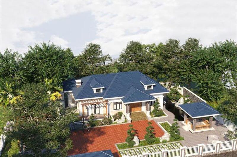 Tiểu cảnh cây xanh, lối đi lát đá và chòi nghỉ bên hông mang đến tổng thể hài hòa, gần gũi thiên nhiên và phù hợp không gian sống gia đình