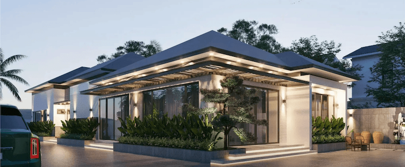 Mảng kính lớn kết hợp lam trần gỗ giúp không gian mở rộng và kết nối sân vườn xanh mát