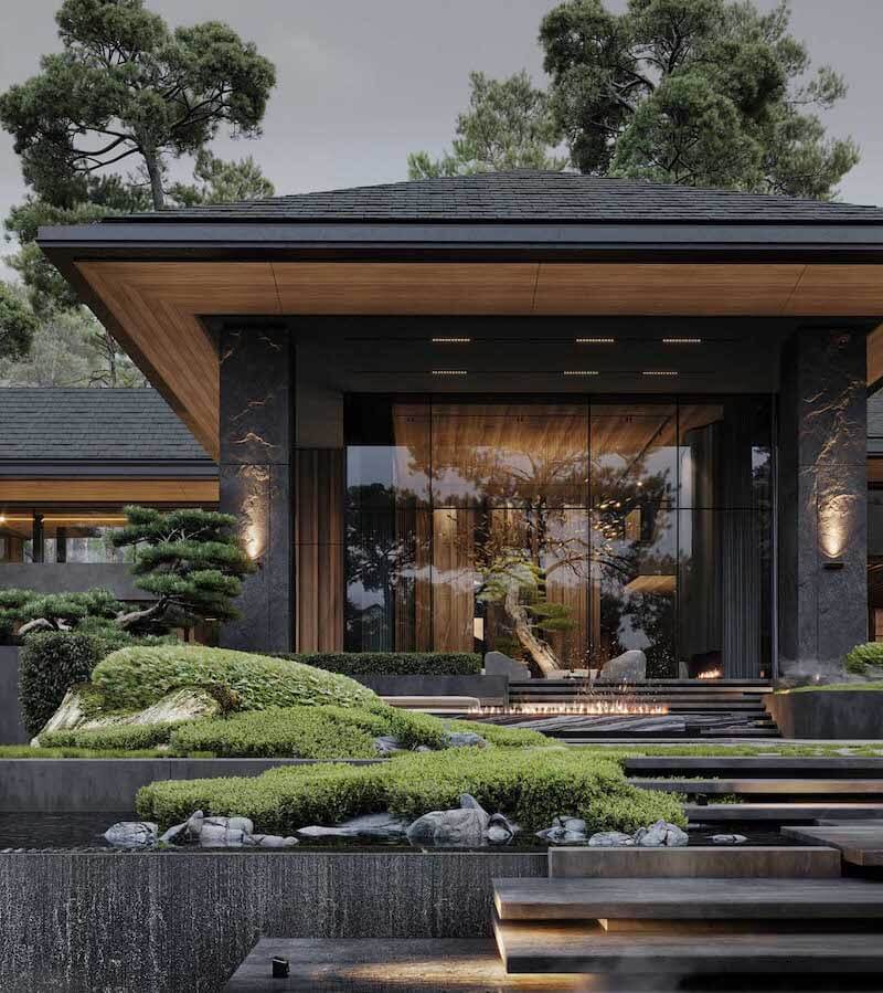 Thiết kế ấn tượng với mái rộng vươn dài, mặt kính lớn phản chiếu sân vườn thiền tĩnh lặng, kết hợp hồ nước và tiểu cảnh bonsai tạo chiều sâu sang trọng, đầy chất nghỉ dưỡng