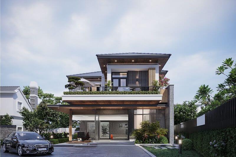 Ban công xanh rộng mở, mái đua lớn ốp gỗ sang trọng và hệ kính cao kịch trần, tạo nên diện mạo đẳng cấp cùng không gian sống giao hòa thiên nhiên