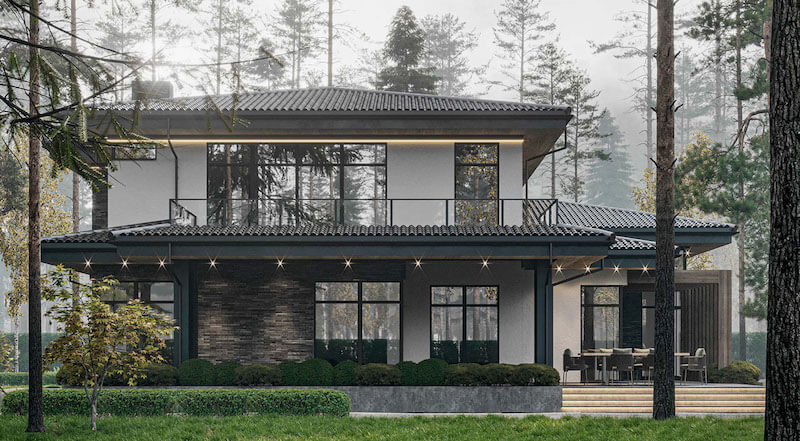 Biệt thự giữa rừng thông nổi bật với mái ngói tối màu, ban công kính rộng và hệ đèn hắt viền tinh tế, tạo không gian sống ấm áp, sang trọng và hòa mình trọn vẹn thiên nhiên