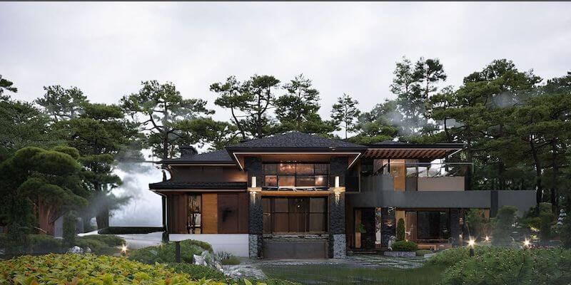 Không gian gây ấn tượng với mái Nhật tối màu, ban công kính rộng và hệ đèn hắt ấm áp, tạo không gian sống sang trọng, riêng tư và đậm chất nghỉ dưỡng