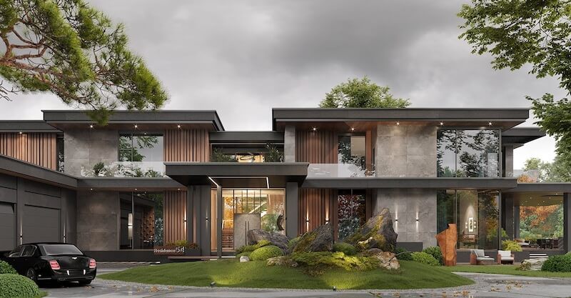 Đường nét vuông vức, mảng kính lớn và sân vườn đá cảnh tinh tế, tạo nên không gian sống đẳng cấp, hài hòa giữa kiến trúc sang trọng và thiên nhiên xanh mát