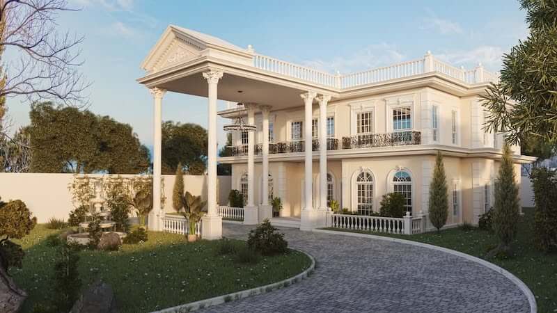 Phào chỉ được xử lý tinh tế trên nền tường màu kem nhã nhặn, kết hợp lan can sắt nghệ thuật hoa văn cổ điển, gợi nhắc kiến trúc quý tộc Pháp