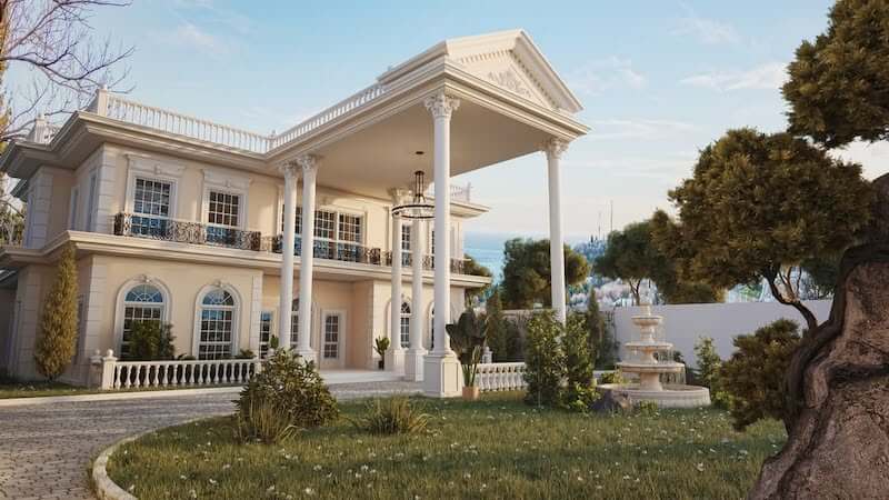 Khu vườn được tổ chức thoáng rộng với thảm cỏ tự nhiên, lối dạo uốn cong nhẹ nhàng và đài phun nước nhiều tầng làm điểm nhấn trung tâm, góp phần tạo nên tổng thể sang trọng