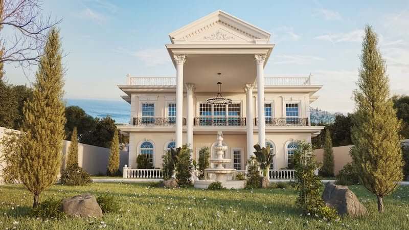 Mặt tiền cân đối, cửa vòm mềm mại kết hợp lan can sắt nghệ thuật tạo nên nhịp điệu kiến trúc thanh lịch và chuẩn mực