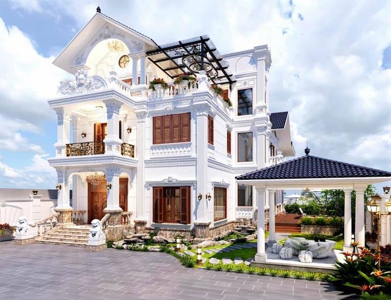 Khu sân vườn được bố trí gọn gàng với bậc tam cấp ốp đá, chậu cây cảnh,... tạo nên tổng thể hài hòa giữa nét Á Đông và vẻ thanh lịch đặc trưng của phong cách châu Âu