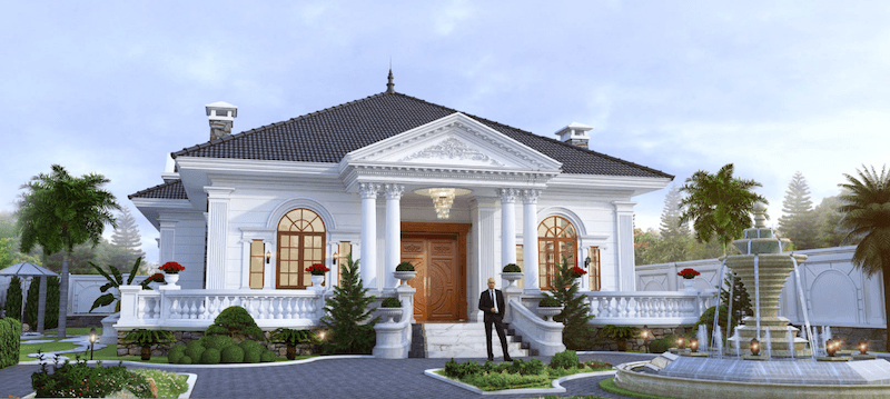 Mái Thái dốc nhẹ màu tối giúp công trình thanh thoát, đồng thời phù hợp điều kiện khí hậu nhiệt đới