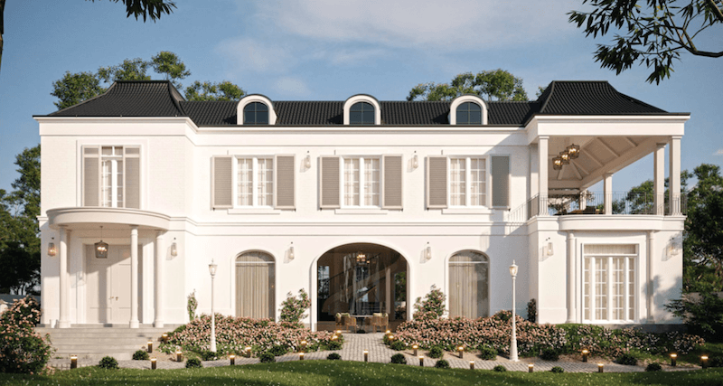 Biệt thự sân vườn châu Âu hiện đại nổi bật với mặt tiền đối xứng thanh lịch, mái Mansard sang trọng và không gian mở hòa mình vào thiên nhiên xanh mát