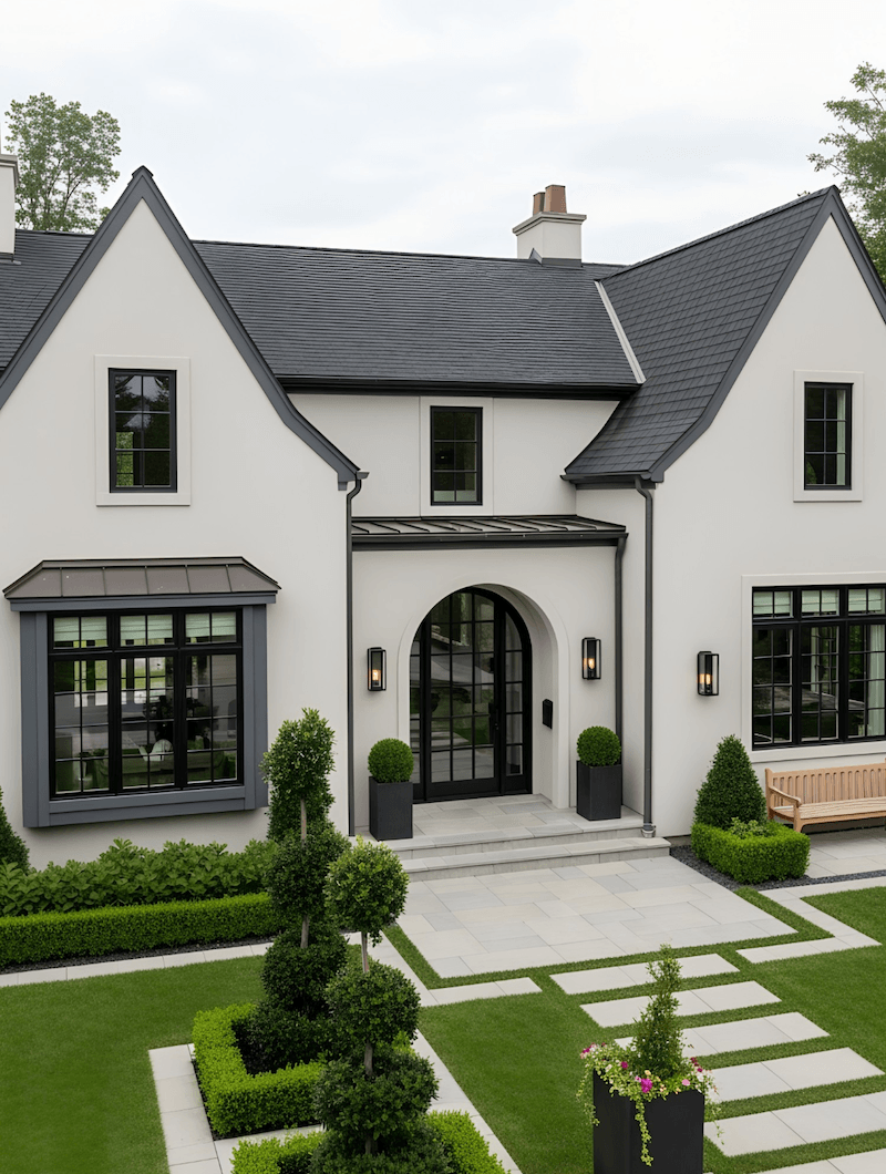 Sân vườn phong cách tối giản châu Âu với thảm cỏ phẳng mượt, lối đi lát đá xen kẽ cỏ tạo nhịp điệu hiện đại, kết hợp hàng cây và bụi xanh cắt tỉa gọn gàng