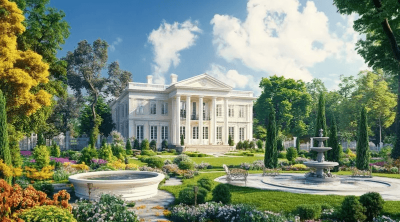 Đài phun nước đóng vai trò là điểm nhấn trung tâm, thu hút ánh nhìn, tạo trục đối xứng rõ ràng và tăng giá trị phong thủy thịnh vượng cho sân vườn Tân cổ điển