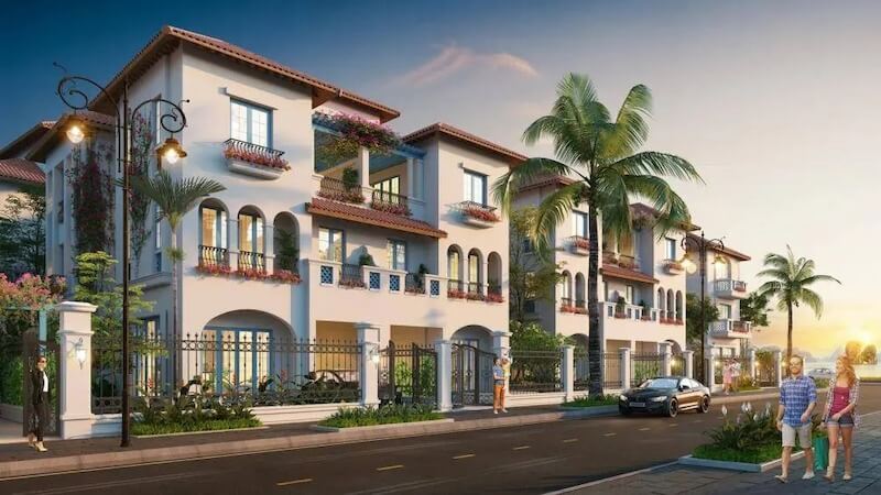 Tổng thể kiến trúc hài hòa giữa sắc trắng, mái terracotta và ánh hoàng hôn, tái hiện trọn vẹn hơi thở Địa Trung Hải lãng mạn