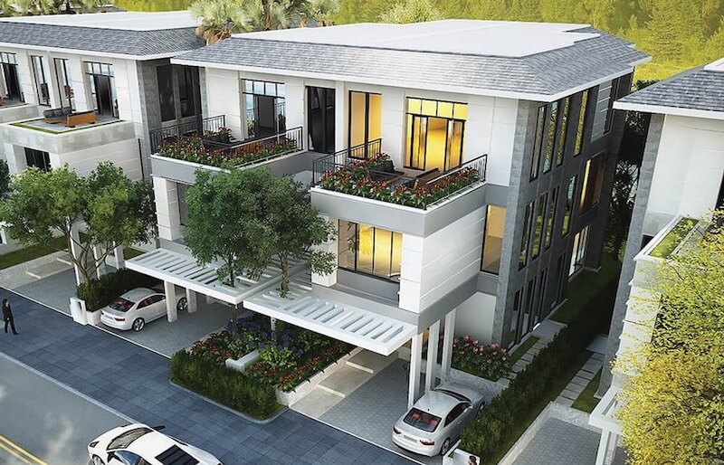 Biệt thự song lập mái bằng sở hữu hình khối hiện đại, cửa kính lớn và ban công xanh, tối ưu ánh sáng và công năng sử dụng