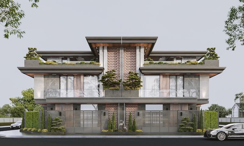 Thiết kế đối xứng và đồng bộ về kiến trúc của biệt thự song lập khiến gia chủ cần tuân thủ mặt tiền thống nhất, hạn chế thay đổi ngoại thất tùy ý