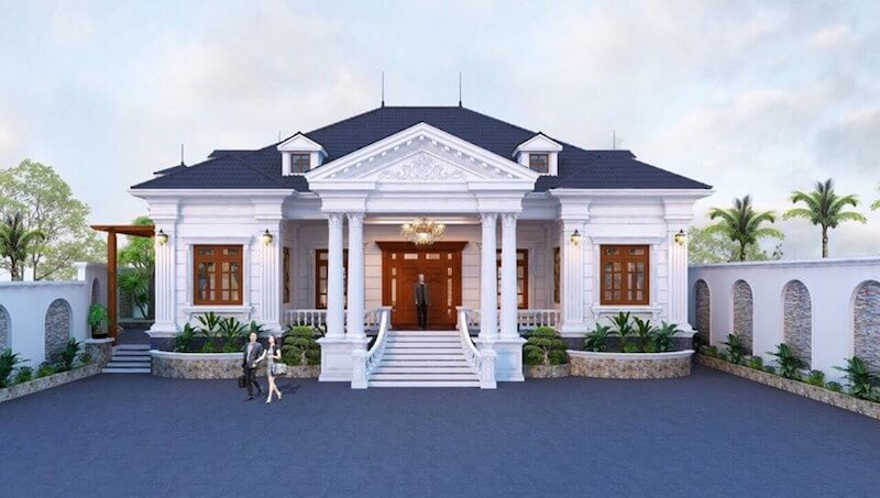 Khối sảnh trung tâm với cột tròn cổ điển, phù điêu tinh xảo, bậc tam cấp cao, tạo trục đối xứng trang trọng, tôn vẻ bề thế công trình