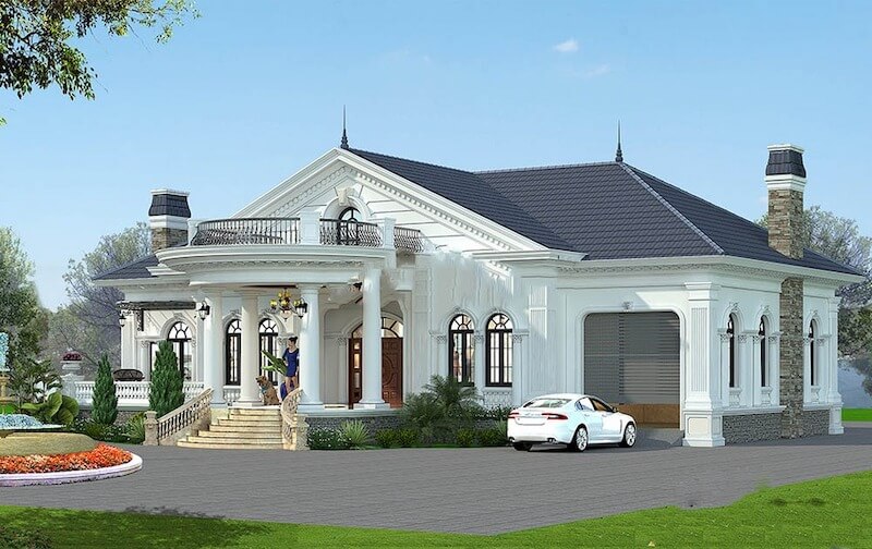 Biệt thự tân cổ điển mái Thái nhấn mạnh hệ cột tròn cân xứng, phào chỉ tinh giản, mái dốc tỷ lệ chuẩn, cửa vòm cao rộng tạo cảm giác bề thế nhưng thanh thoát