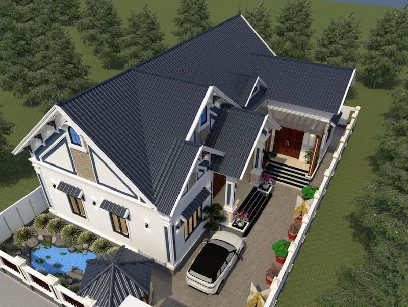 Biệt thự Biệt thự tân cổ điển nhẹ nổi bật mái Thái xếp lớp, phào chỉ gọn, cửa gỗ đặc, sảnh vòm cong tạo cảm giác trang nhã, bền vững