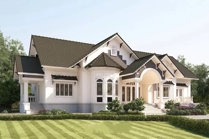 Hệ mái Thái nhiều lớp tạo chiều sâu kiến trúc, kết hợp vòm cong mềm mại, phào chỉ tiết chế, mang tinh thần tân cổ điển nhẹ, sang mà không phô trương