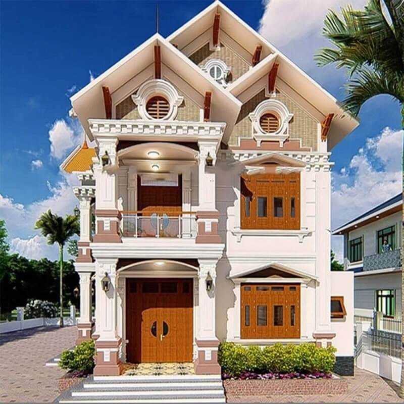 Gam màu sáng kết hợp cửa gỗ tự nhiên giúp tổng thể bề thế, cao ráo, hài hòa giữa nét cổ điển tinh tế và công năng hiện đại