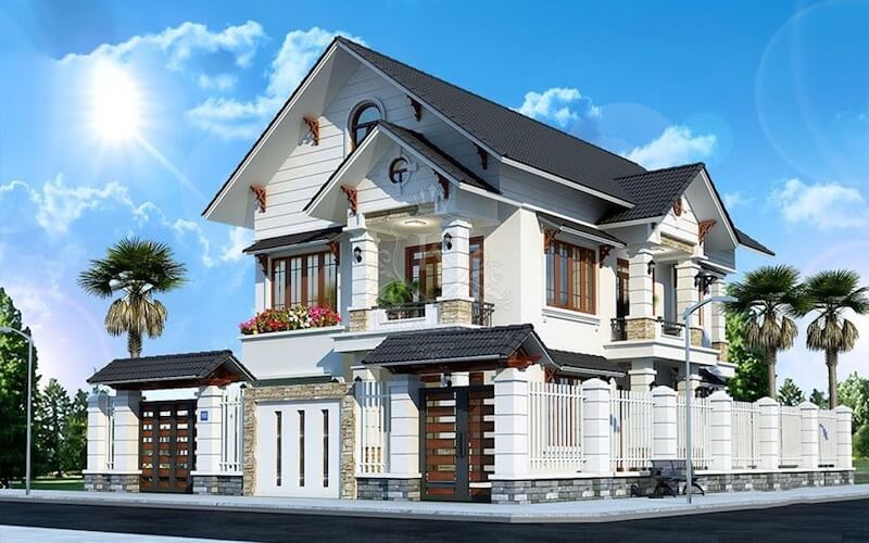 Gam màu trắng chủ đạo phối cùng mái ngói sẫm màu và hệ cửa gỗ kính tạo chiều sâu thẩm mỹ, đồng thời tôn lên vẻ trang nhã đặc trưng của kiến trúc Tân cổ điển