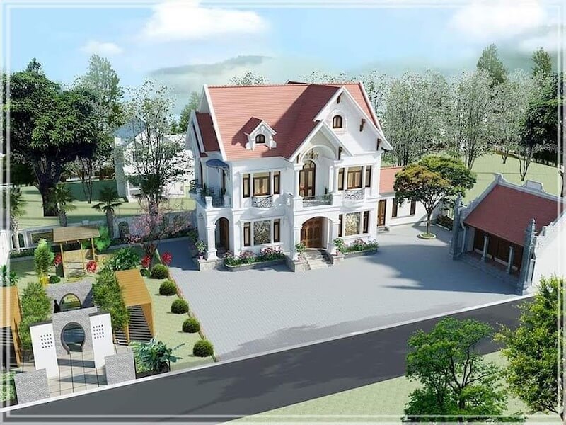 Khối mái Thái giật cấp cân xứng, cột trụ phào chỉ tinh giản, vòm cửa mềm mại và ban công con tiện tạo vẻ tân cổ điển thanh lịch, bền dáng