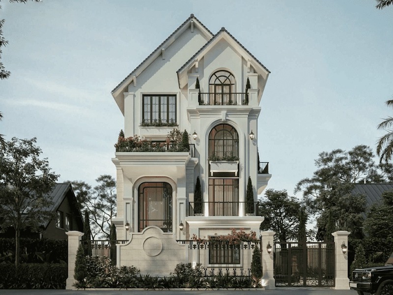 Gam màu trắng – kem chủ đạo làm nổi bật các đường phào chỉ nhẹ, kết hợp đá ốp chân tường tạo cảm giác vững chắc và sang trọng